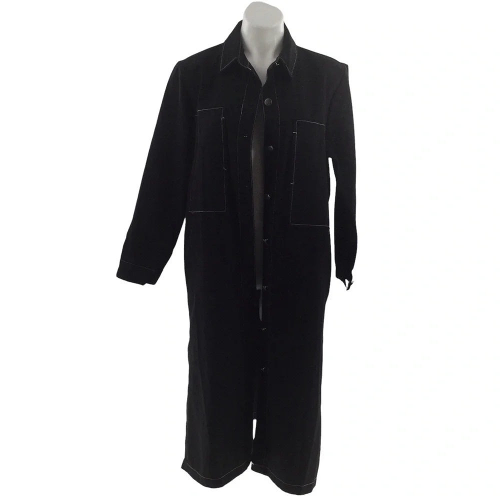 The Weeknd  Black Denim Contrast White Stitch Long Trench Coat